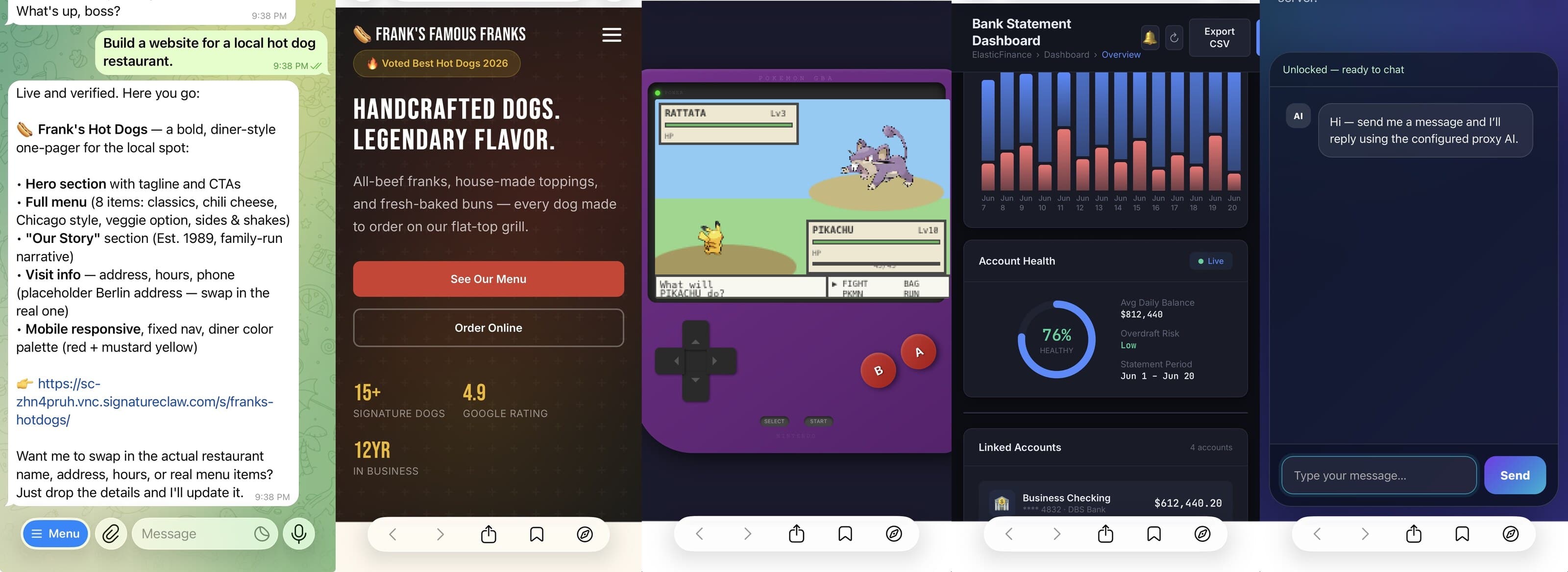 Examples of websites, apps, and games built and deployed with one message using WishRig MCP